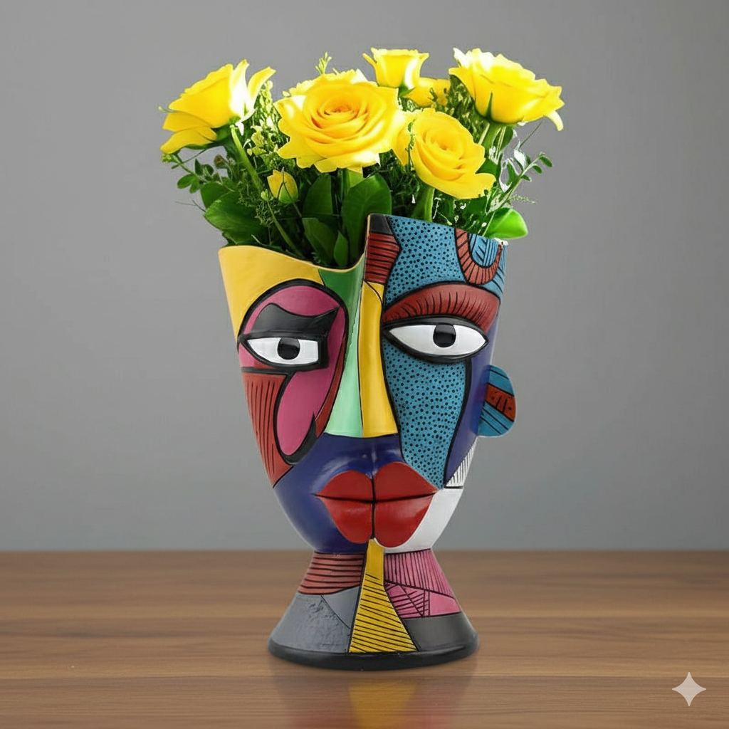 HD-DP-Esh-04 Abstract Face Vase, Picasso-Inspired Colorful Resin Planter - Image 1