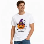 Custom Halloween Pumpkin & Witch Graphic Cotton T-Shirt