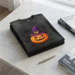 Custom Halloween Pumpkin & Witch Graphic Cotton T-Shirt - Image 2