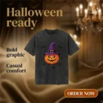 Custom Halloween Pumpkin & Witch Graphic Cotton T-Shirt - Image 5