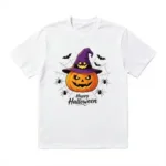 Custom Halloween Pumpkin & Witch Graphic Cotton T-Shirt - Image 4