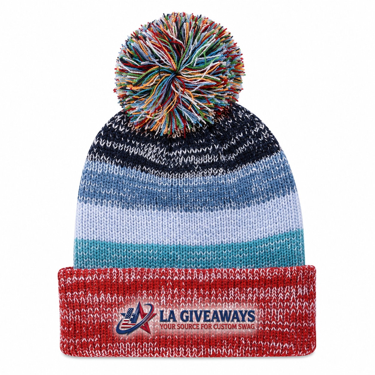 BEANIE 1 Ombre-striped knit beanie with folded cuff & multi-color pom - Image 1