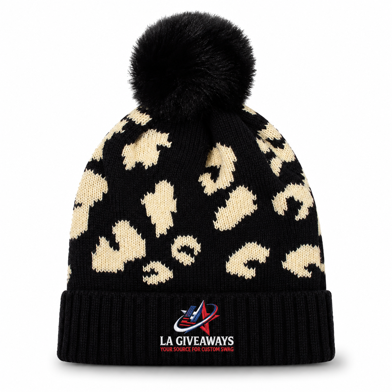 BEANIE 1 Trendy leopard print knit beanie with plush black pom - Image 1