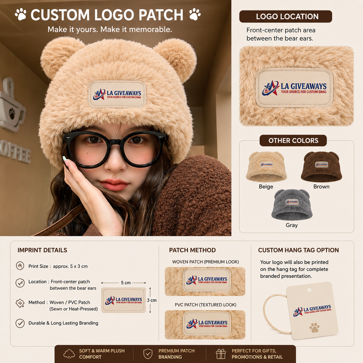 BEANIE 1 Cute plush bear ear beanie with logo patch - Image 1
