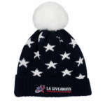 Playful navy knit beanie with white star pattern & plush pom