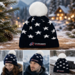 Playful navy knit beanie with white star pattern & plush pom - Image 2