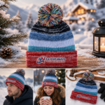 Ombre-striped knit beanie with folded cuff & multi-color pom - Image 2