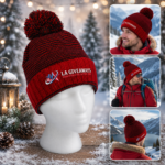 Fine-striped knit beanie with folded cuff & yarn pom - Image 2