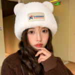 Cute plush bear ear beanie with logo patch - Image 3