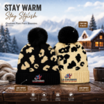 Trendy leopard print knit beanie with plush black pom - Image 3