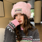 Cute plush bear ear beanie with logo patch - Image 4
