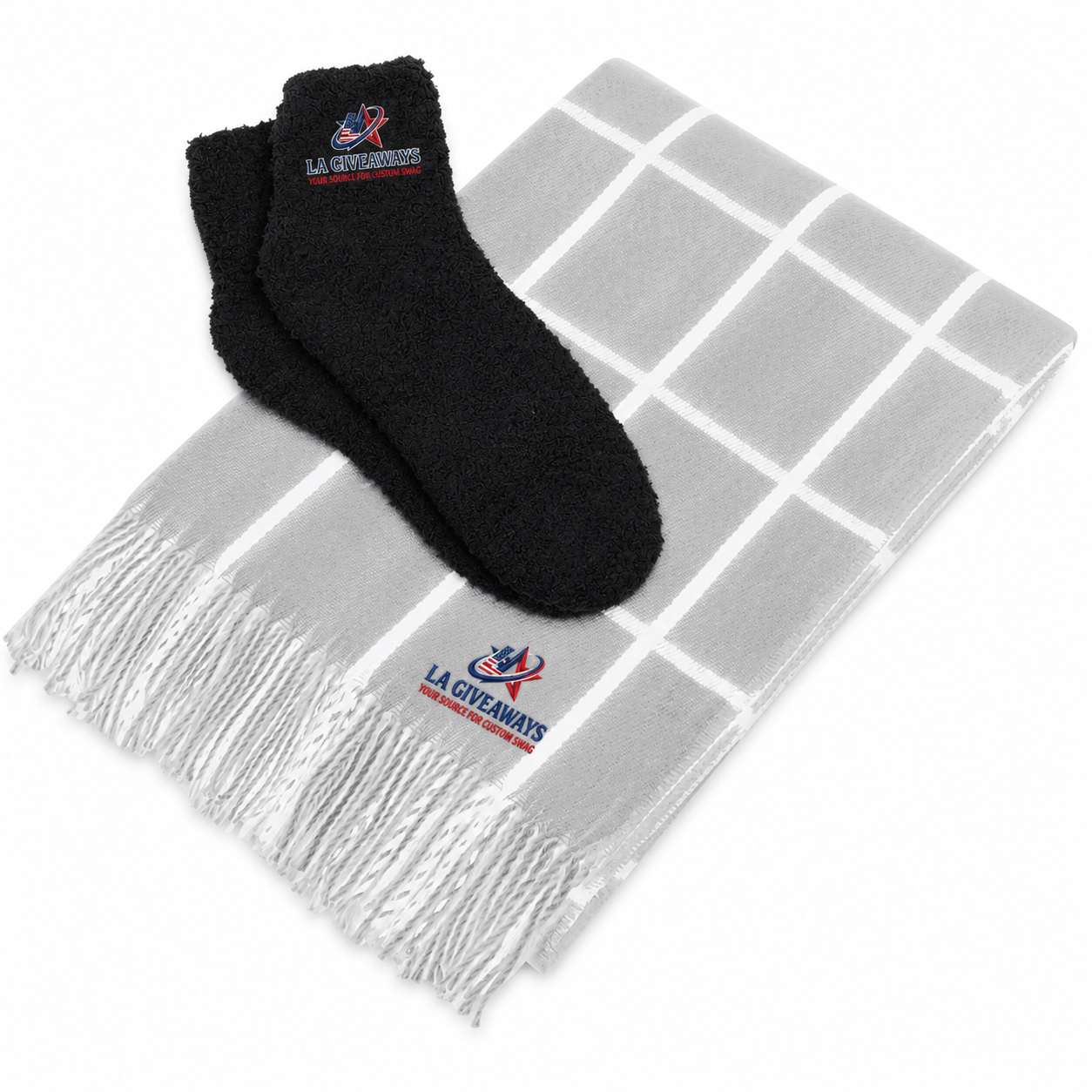 BLANKET 1 Windowpane throw blanket paired with plush fuzzy socks - Image 1