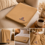 Soft ribbed fleece throw in warm gold with whip-stitch edges - Image 2