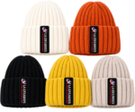Ribbed knit beanie with woven patch logo