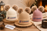 Soft ribbed knit kids beanie with double faux fur poms - Image 2