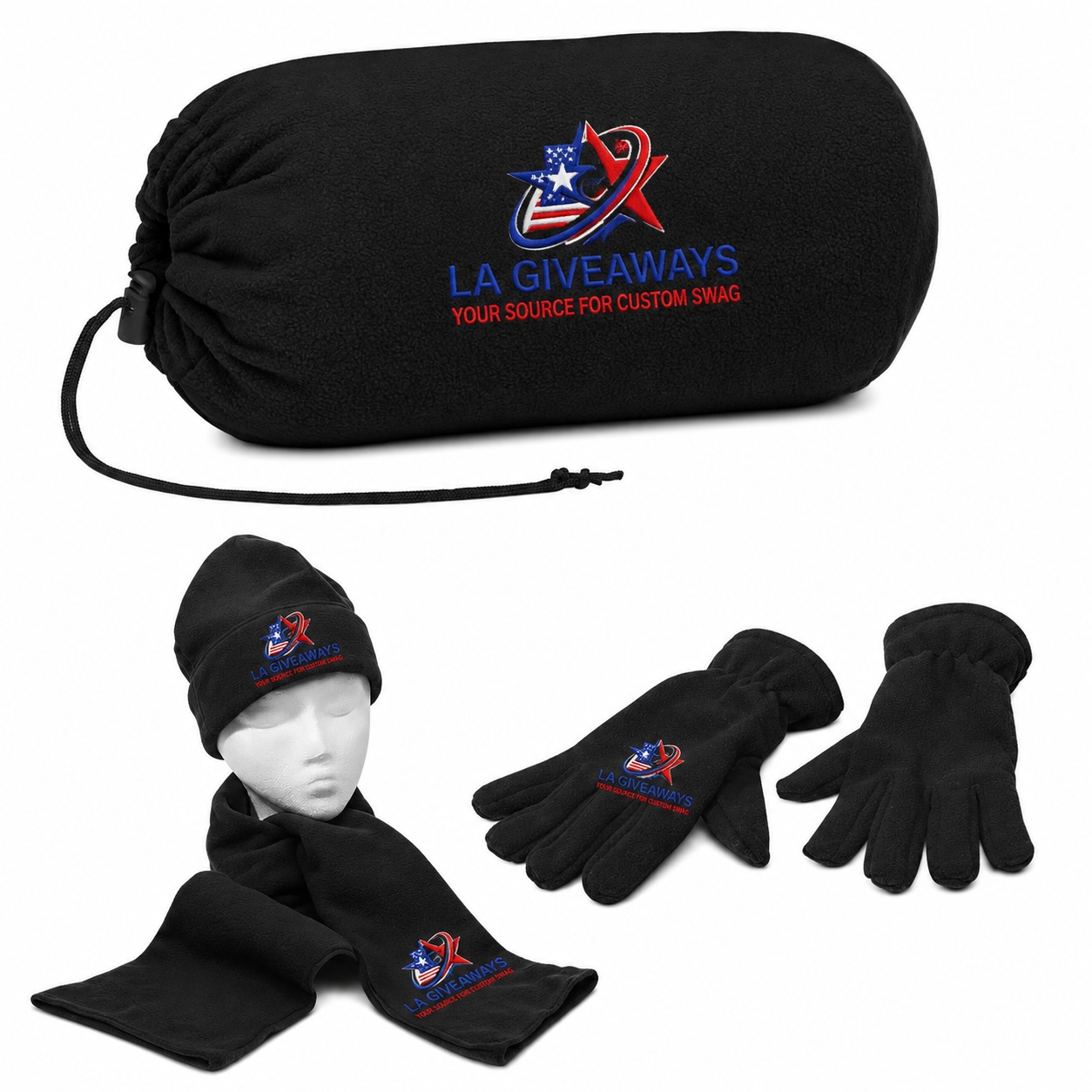 SET 1 Winter set with beanie, gloves & scarf in a drawstring pouch - Image 1