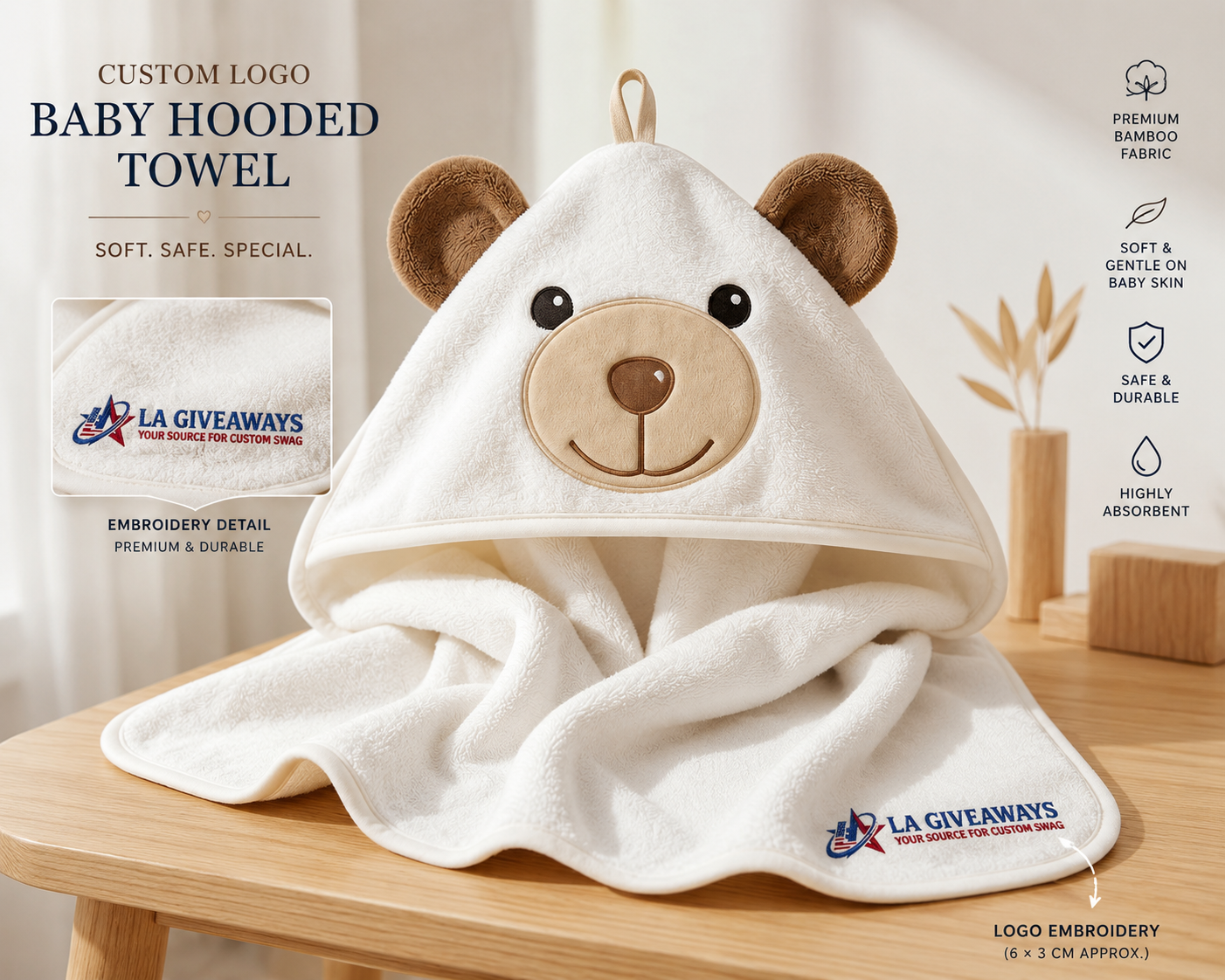 TOWEL 1 Soft bamboo hooded baby bath towel with cute bear ears - Image 1